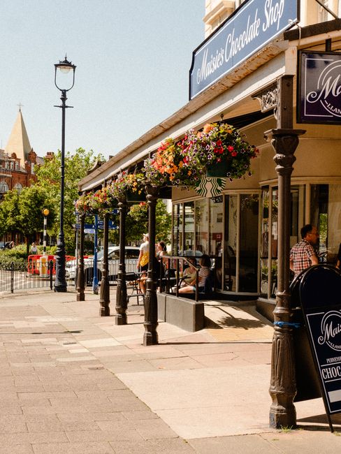 A street scene outside a shop on Kingston High Street showcasing a neatly maintained outdoor garden with hanging flower baskets filled with colorful blooms, including pink, red, and white flowers. The shop features a traditional facade with wooden columns supporting a canopy, underneath which customers are seated at small tables. The paved sidewalk is clean with a few pedestrians strolling by, and a vintage-style street lamp stands along the edge of the pavement. In the background, there are trees with lush green foliage and historic brick buildings, suggesting a lively and well-kept shopping area. This scene reflects regular landscaping work and garden maintenance conducted by Gardeners Kingston to enhance the outdoor area’s appearance and ambiance.